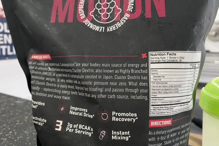 The back of the XWERKS Motion bag showing the nutrition label and product benefits
